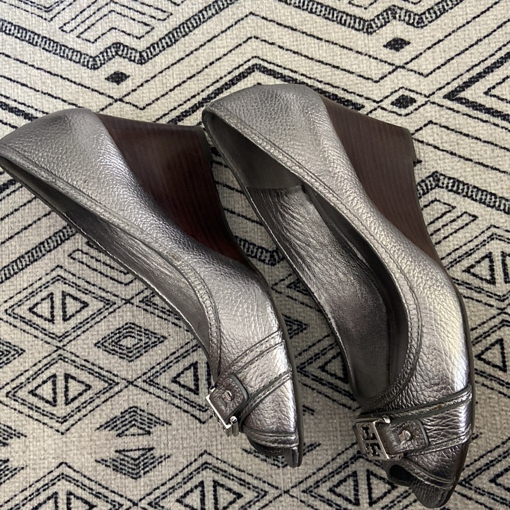 Tory Burch Metallic Pewter Leather Wedge Sandals